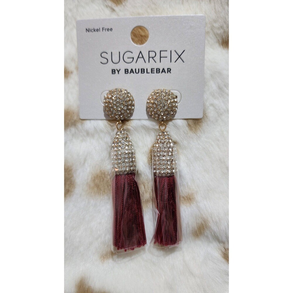 NEW Sugarfix Baublebar Burgundy/Gold Rhinestone Tassle Earrings